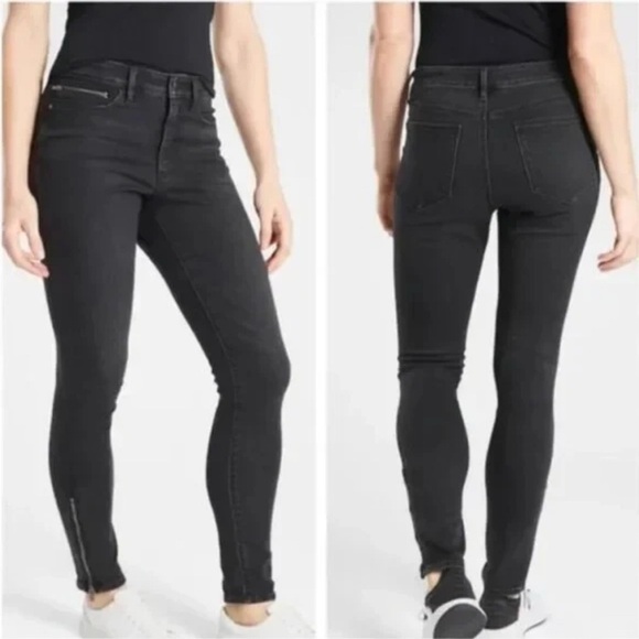 Athleta Sculptek Black Carbon Wash Ankle Zipper Ultra Skinny Jeans size 4 - Picture 1 of 8
